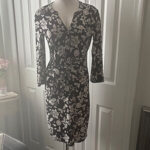White House Black Market Black Floral Wrap Dress with Ivory Print